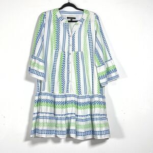 Caleoas Aztec Striped Mini Dress Womens Sz 1X White 3/4 Sleeves Button Front